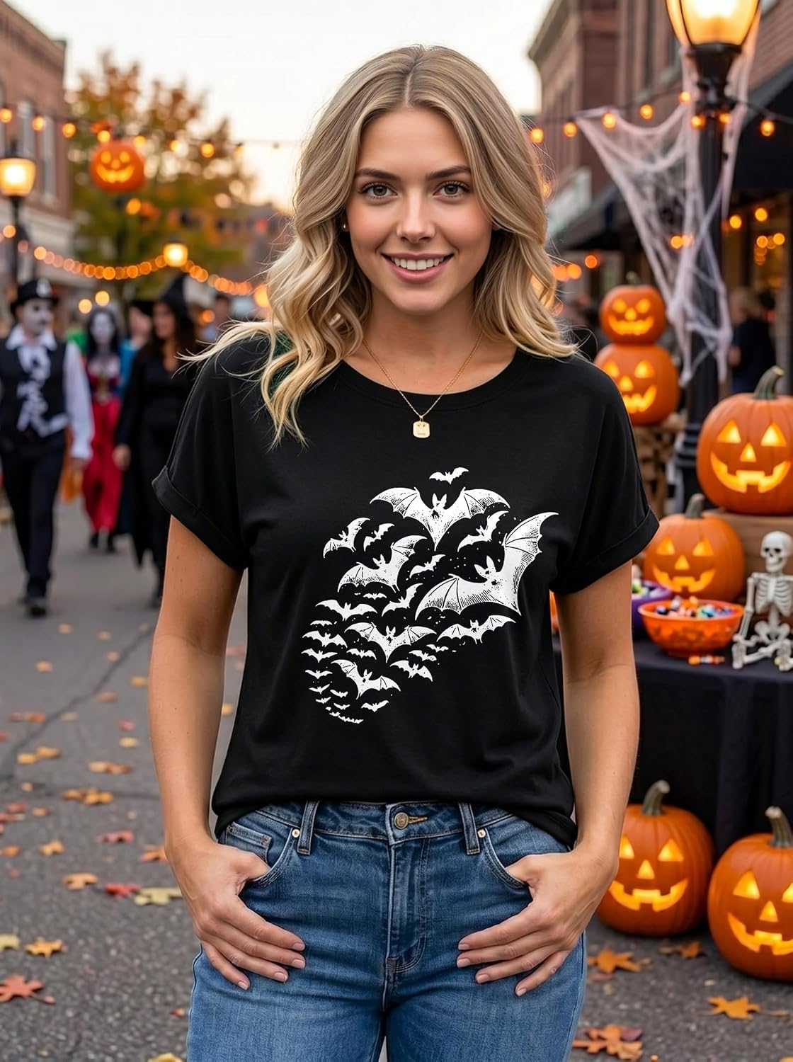 Women's Halloween Graphic T-Shirt Rolled Cuff Sleeve Tee