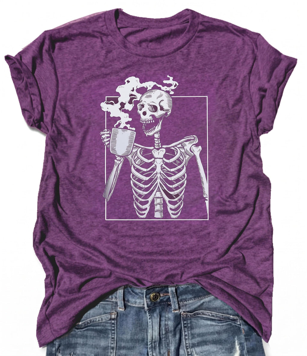 Hot Coffee Skeleton Shirt for Women Halloween Skeleton T-Shirt Funny Fall Skull Graphic Tees Tops Blouse Gift