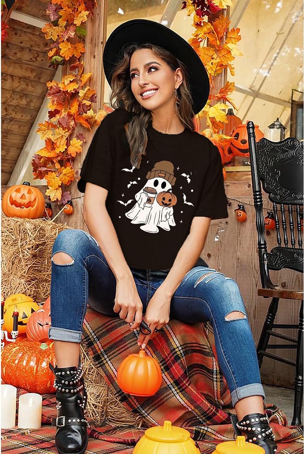 Halloween Shirts Women I'm Just Here Boos Funny Ghost Graphic Tee Tops