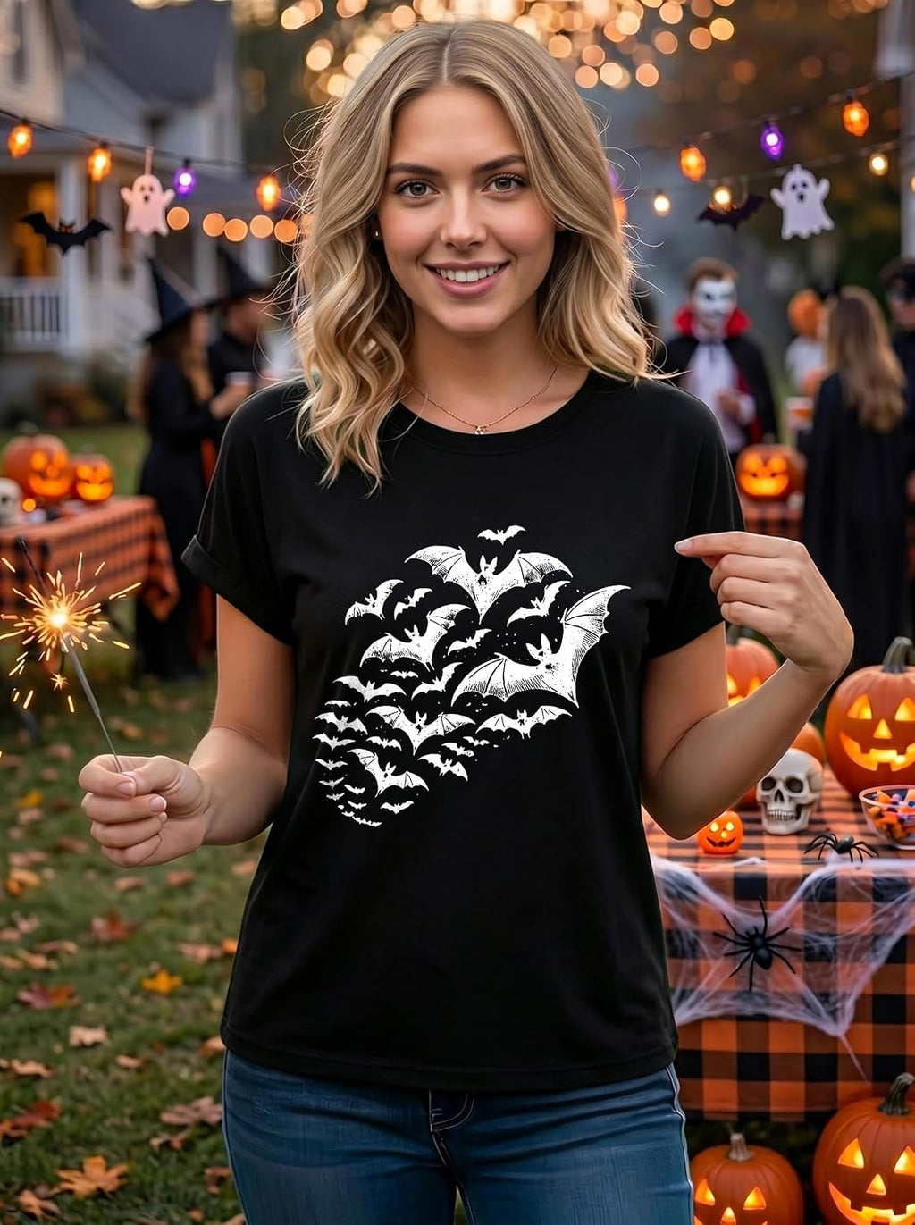 Women's Halloween Graphic T-Shirt Rolled Cuff Sleeve Tee