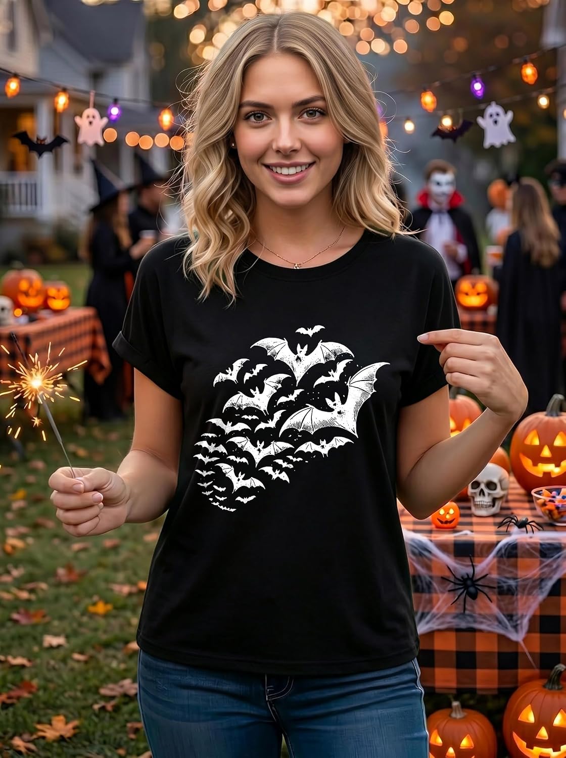 Women's Halloween Graphic T-Shirt Rolled Cuff Sleeve Tee