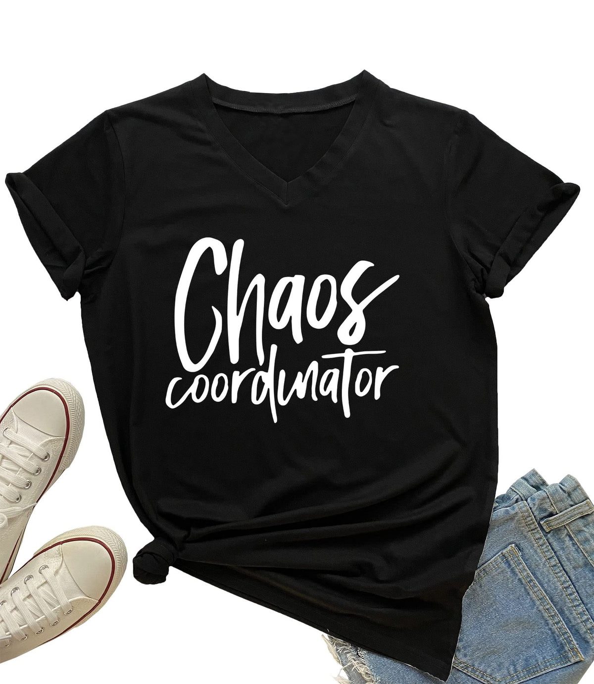 MIMOORN Women's Chaos Coordinator T Shirt Funny Casual V-Neck Graphic Tees
