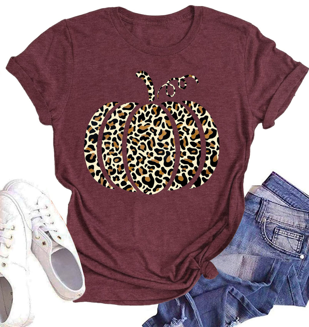 Halloween Pumpkin Shirt Women Leopard Graphic Tees Casual Fall Tops