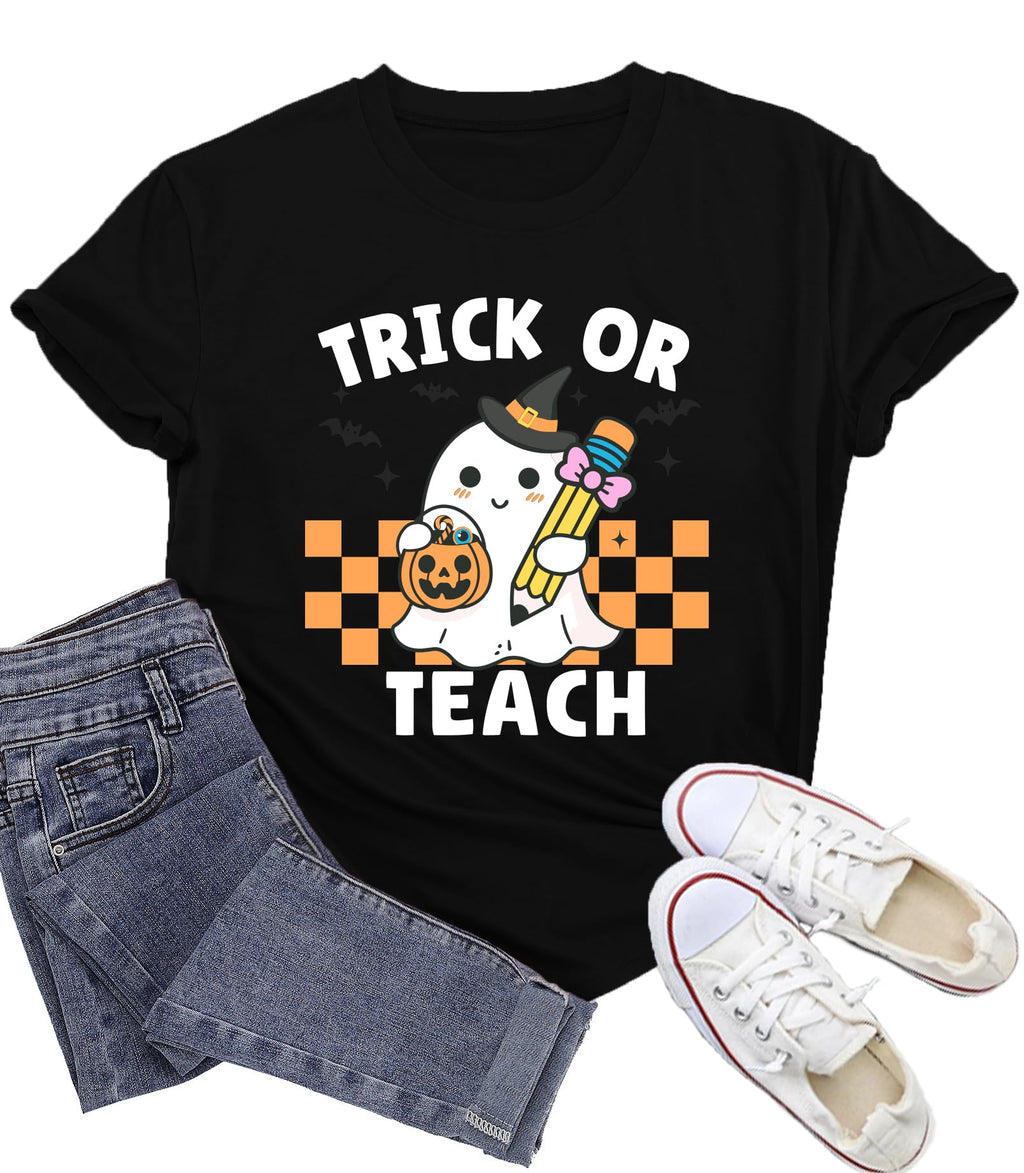 Halloween Shirts for Women Halloween Teacher Tshirt Trick or Teach Tee