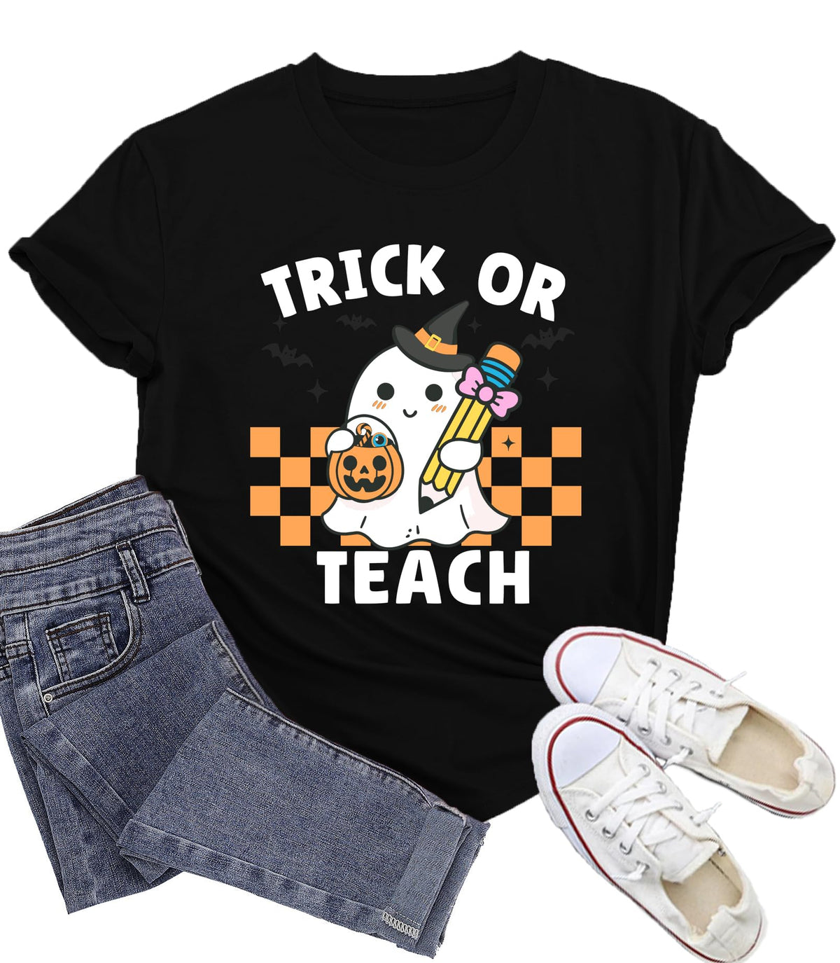 Halloween Shirts for Women Halloween Teacher Tshirt Trick or Teach Tee