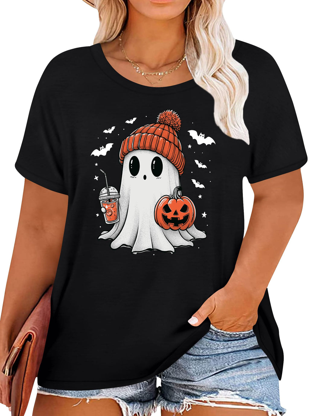 Plus Size Halloween Tshirt Women Ghost Shirt Plus Pumpkin Shirt Spooky Tee