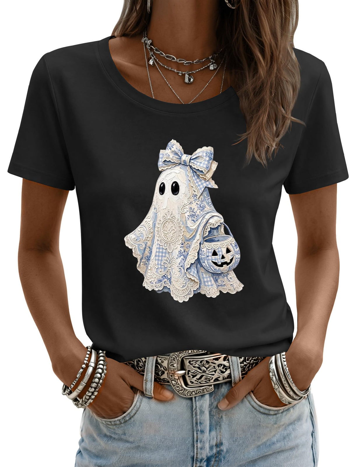 Halloween Shirts for Women Cute Ghost Lace Pumpkin Graphic Tee Short Sleeve