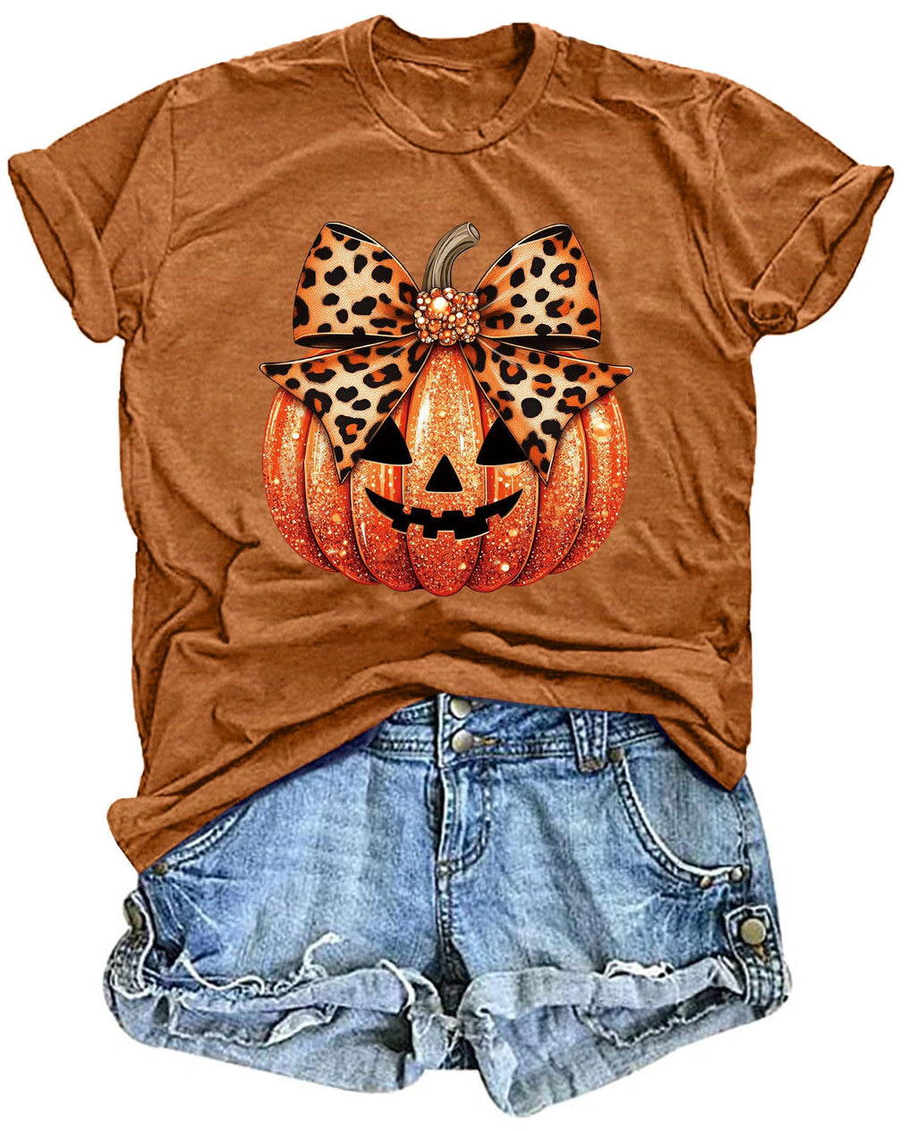 Halloween Pumpkin Shirt Women Leopard Graphic Tees Casual Fall Tops