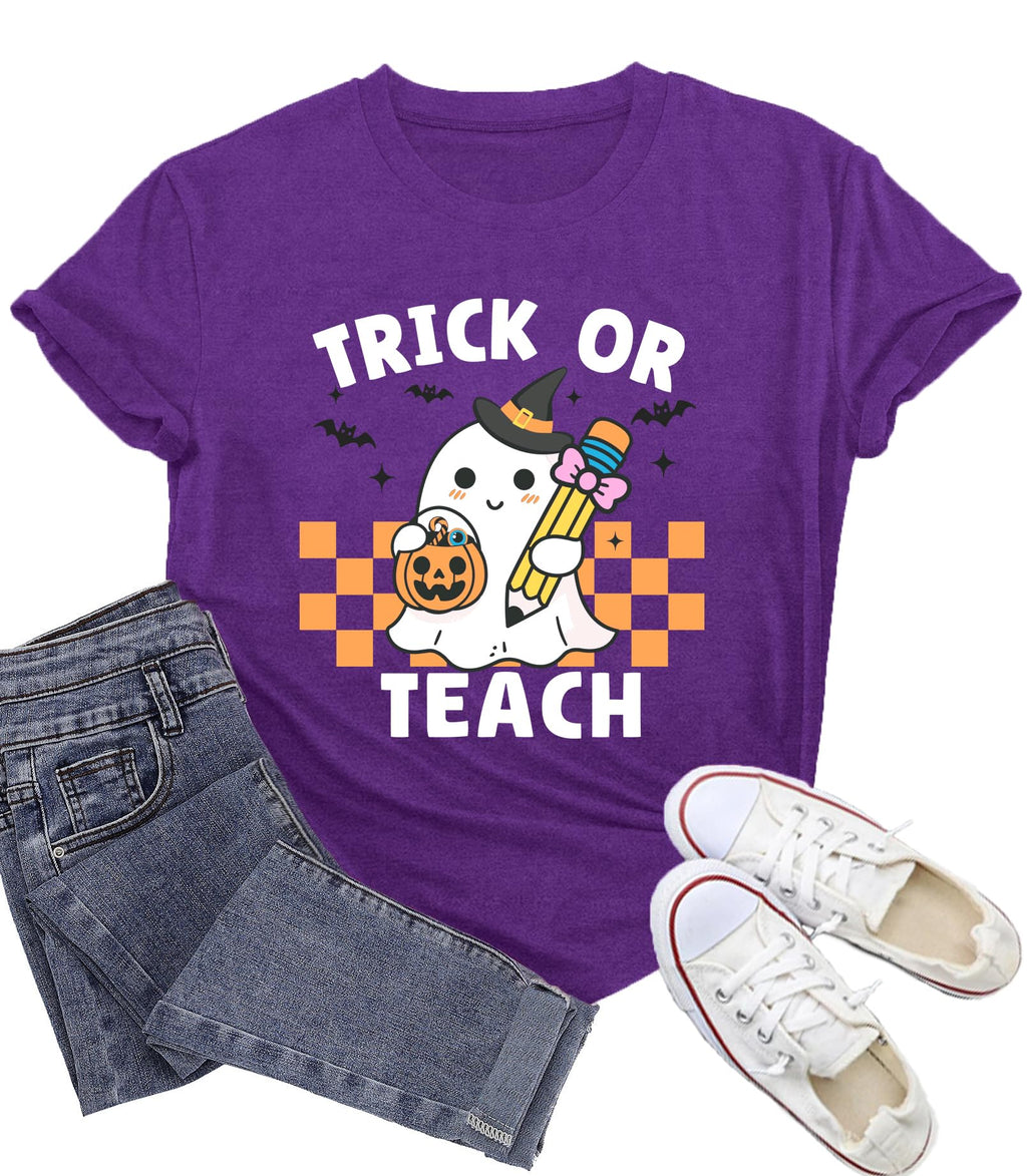 Halloween Shirts for Women Halloween Teacher Tshirt Trick or Teach Tee