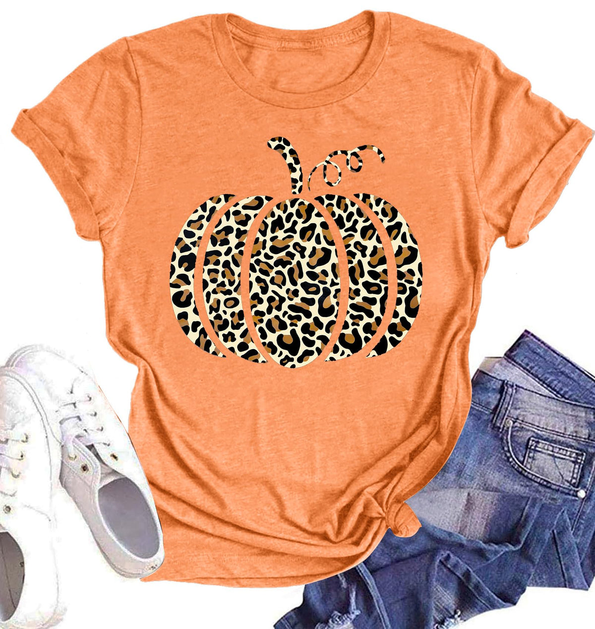 Halloween Pumpkin Shirt Women Leopard Graphic Tees Casual Fall Tops