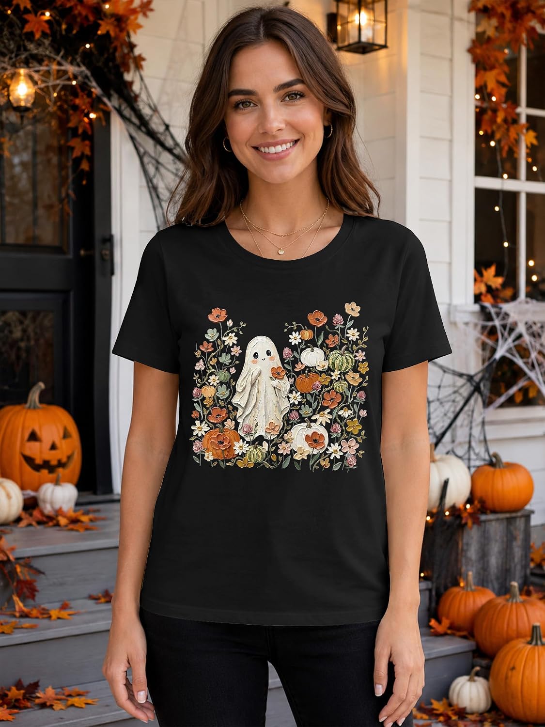 Halloween Shirts for Women Cute Ghost Lace Pumpkin Graphic Tee Short Sleeve