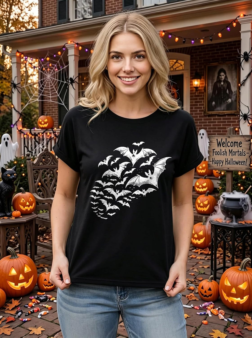 Women's Halloween Graphic T-Shirt Rolled Cuff Sleeve Tee