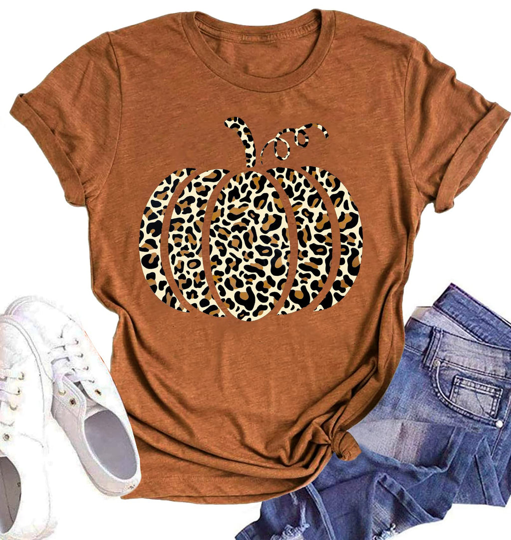 Halloween Pumpkin Shirt Women Leopard Graphic Tees Casual Fall Tops