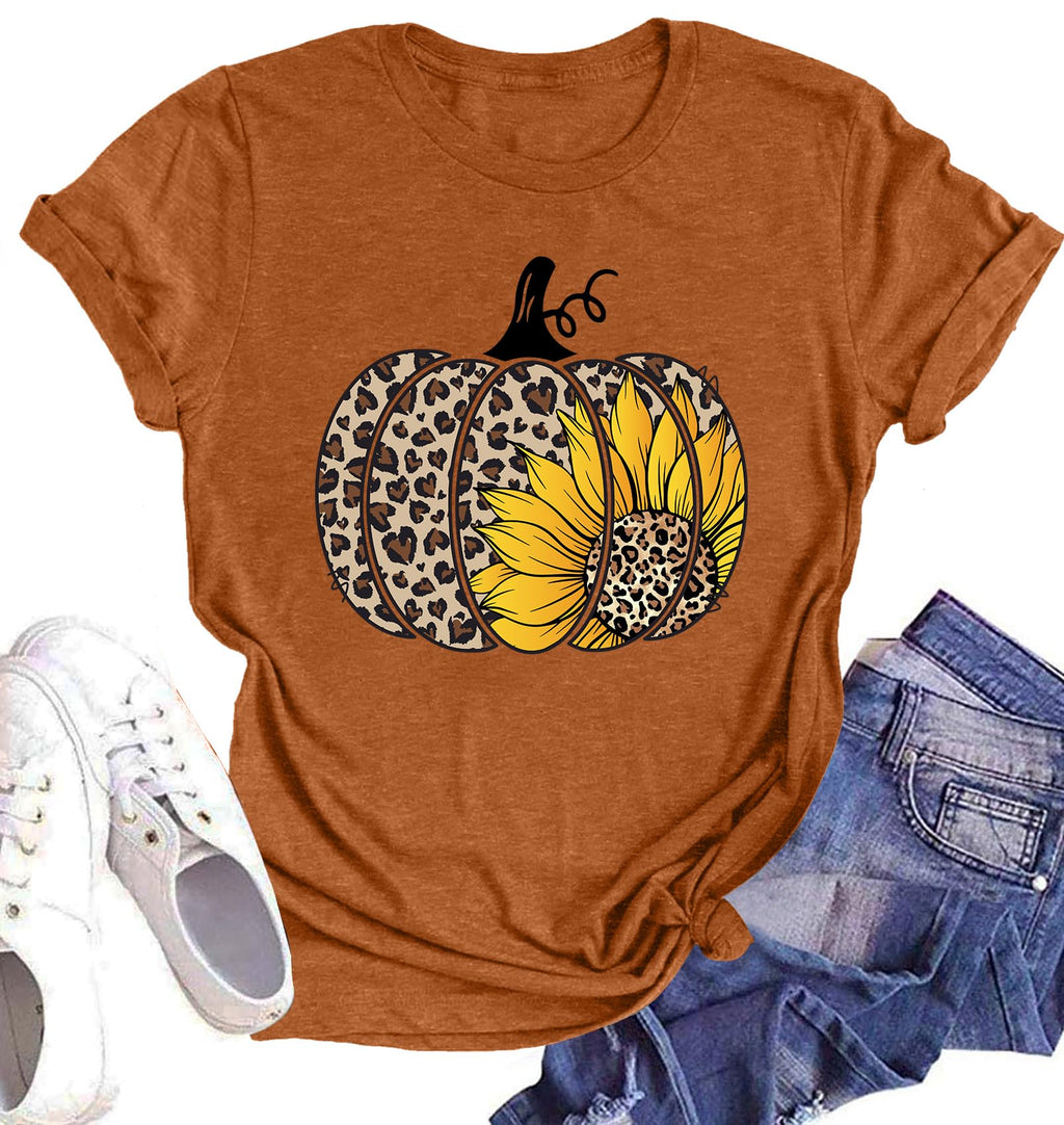 Halloween Pumpkin Shirt Women Leopard Graphic Tees Casual Fall Tops