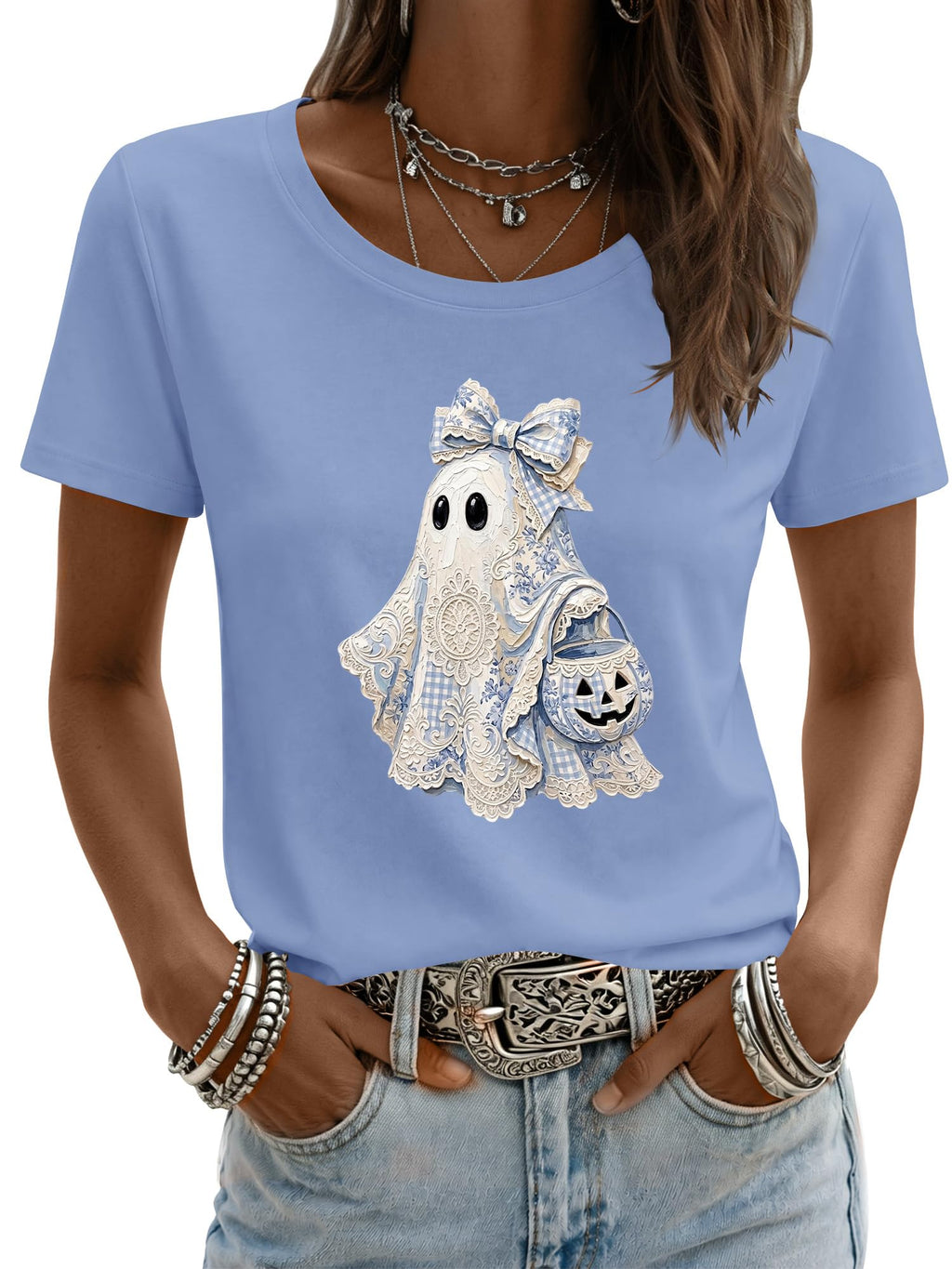 Halloween Shirts for Women Cute Ghost Lace Pumpkin Graphic Tee Short Sleeve