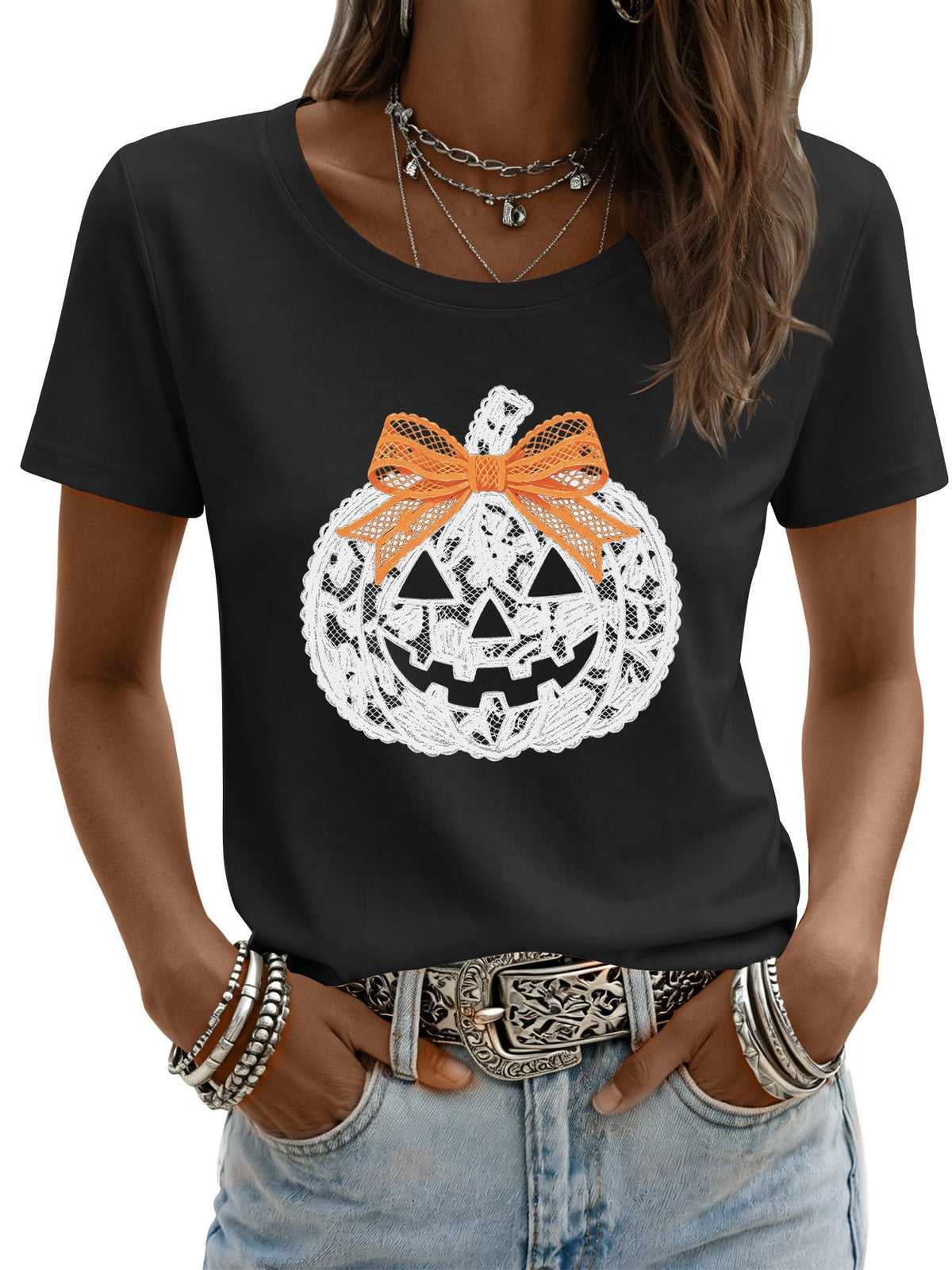 Halloween Shirts for Women Cute Ghost Lace Pumpkin Graphic Tee Short Sleeve