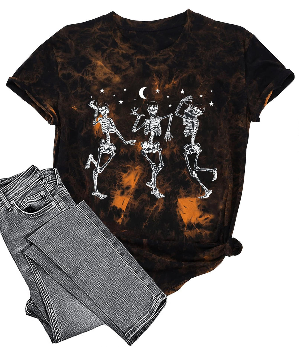 Hot Coffee Skeleton Shirt for Women Halloween Skeleton T-Shirt Funny Fall Skull Graphic Tees Tops Blouse Gift