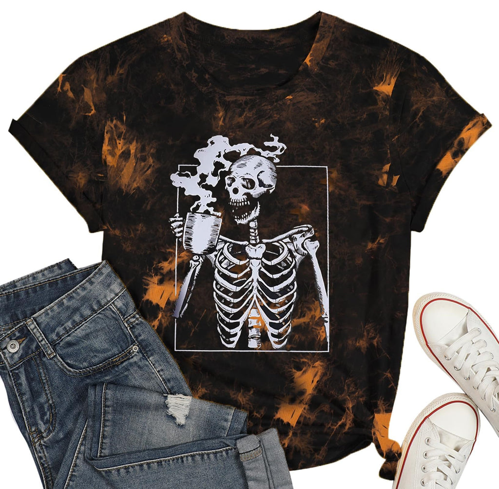 Hot Coffee Skeleton Shirt for Women Halloween Skeleton T-Shirt Funny Fall Skull Graphic Tees Tops Blouse Gift