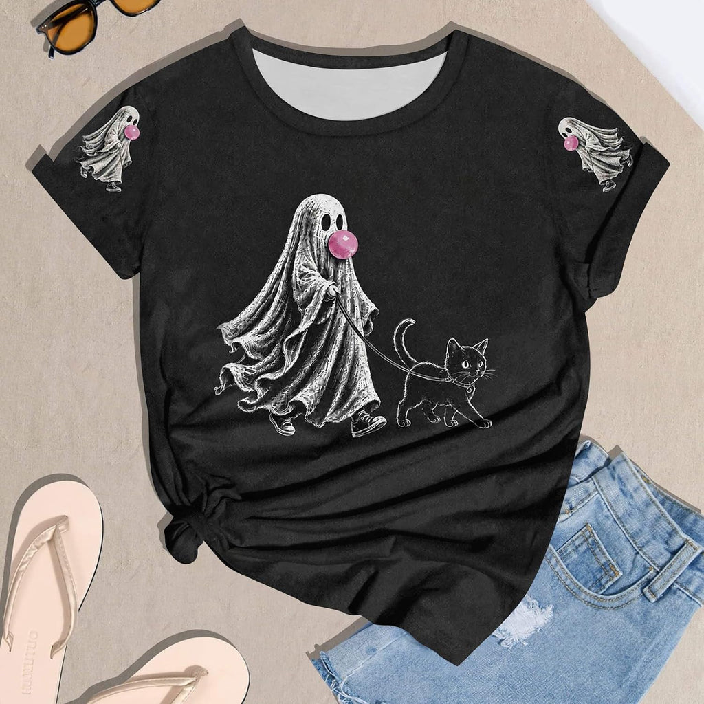 Cute Halloween Shirts for Women Crewneck Short Sleeve Witch Bat Pumpkin Boo