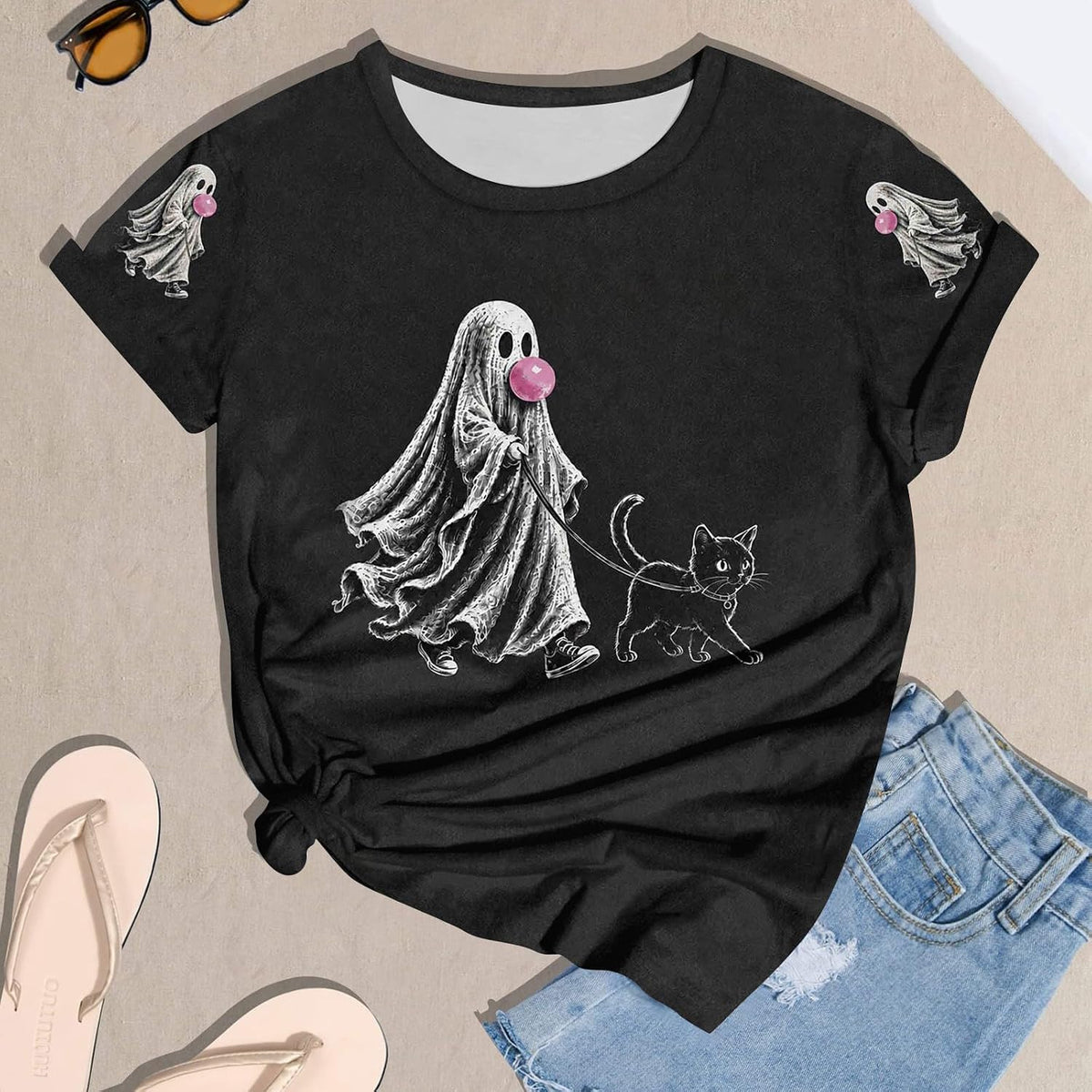 Cute Halloween Shirts for Women Crewneck Short Sleeve Witch Bat Pumpkin Boo