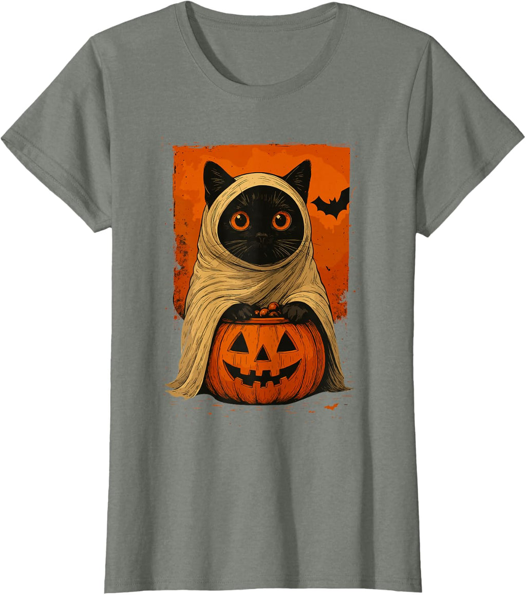 Funny Vintage Black Cat Halloween Pumpkin Spooky Ghost Women T-Shirt