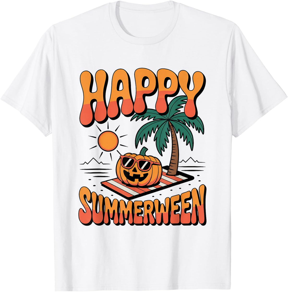 Happy Summerween Halloween Pumpkin on the Beach Vintage T-Shirt