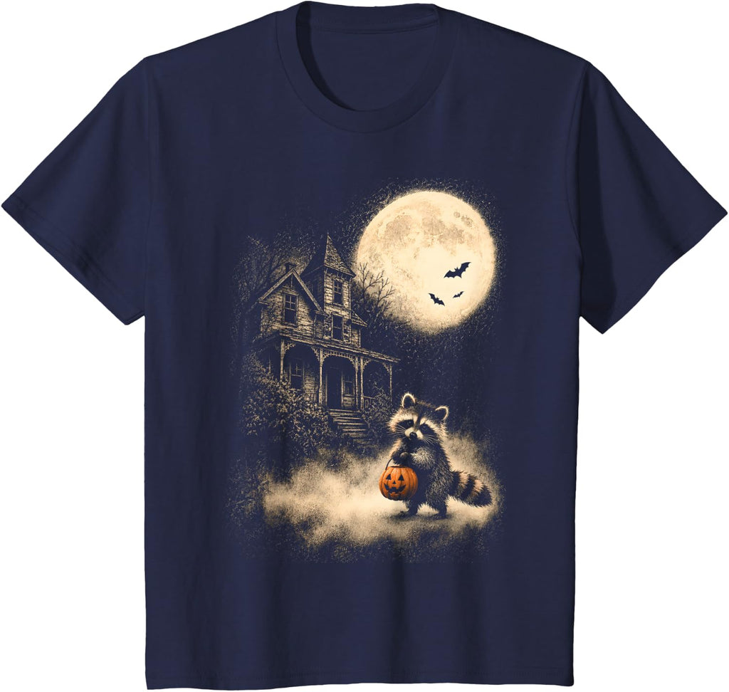 Vintage Raccoon Halloween Cute Possum Pumpkin Spooky Moon T-Shirt