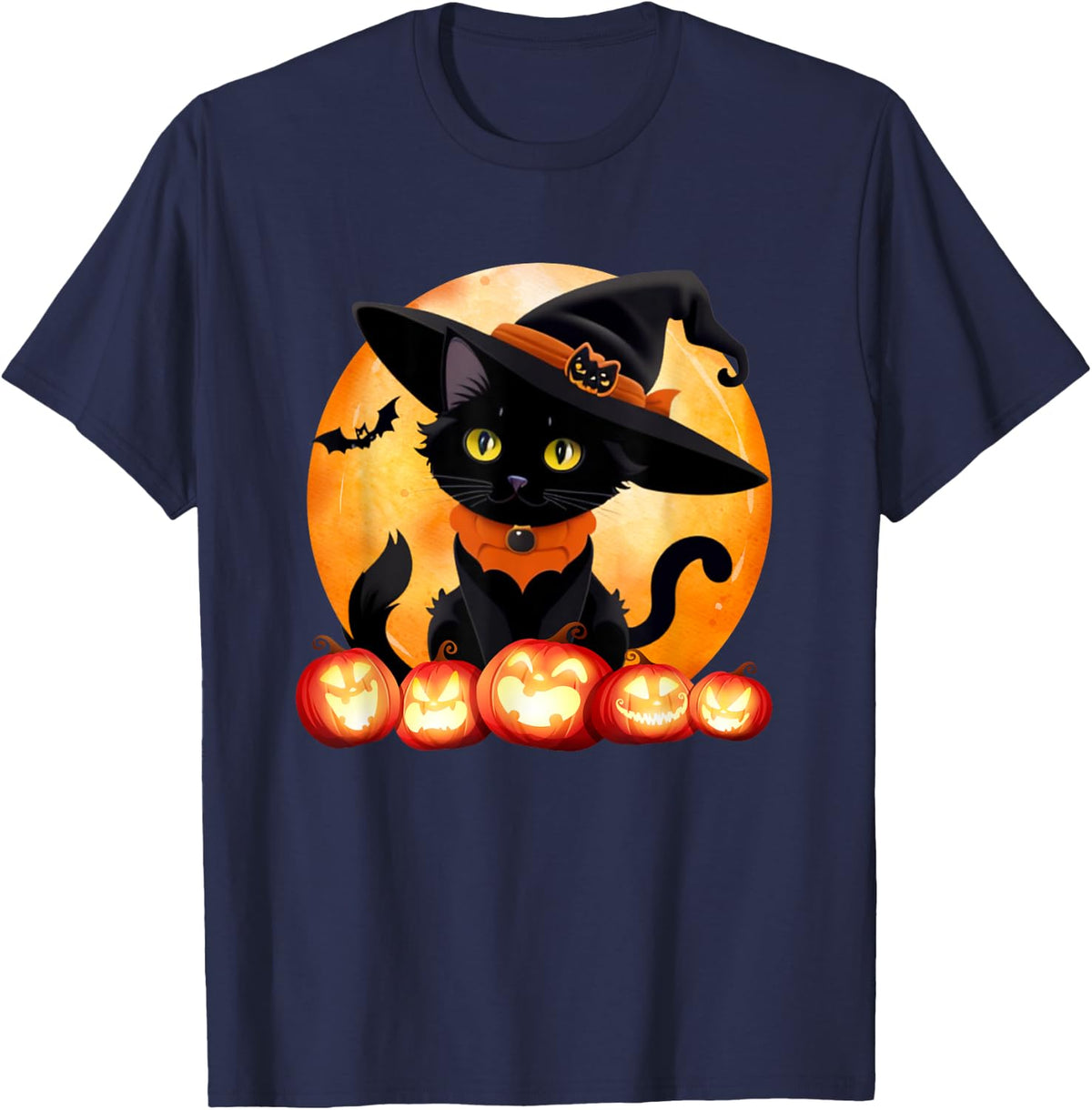 Retro Black Cat Halloween Pumpkin Costume Women Men Kids T-Shirt