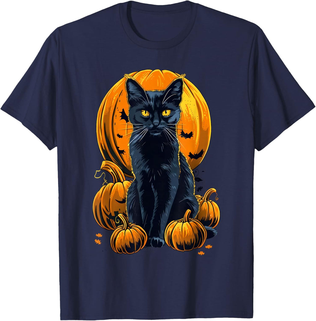 Retro Black Cat Halloween Pumpkin Costume For Women Men Kids T-Shirt