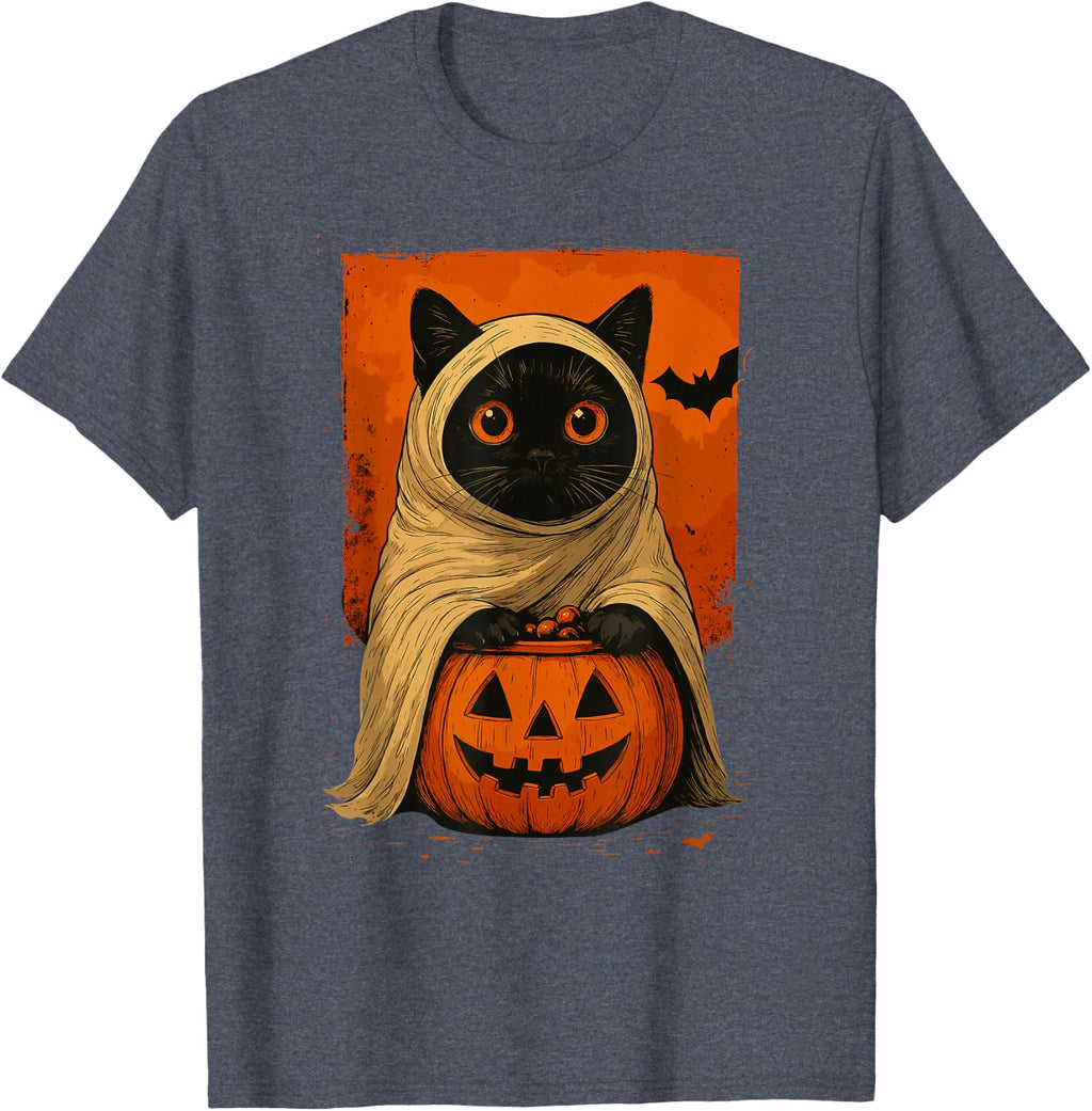 Funny Vintage Black Cat Halloween Pumpkin Spooky Ghost Women T-Shirt
