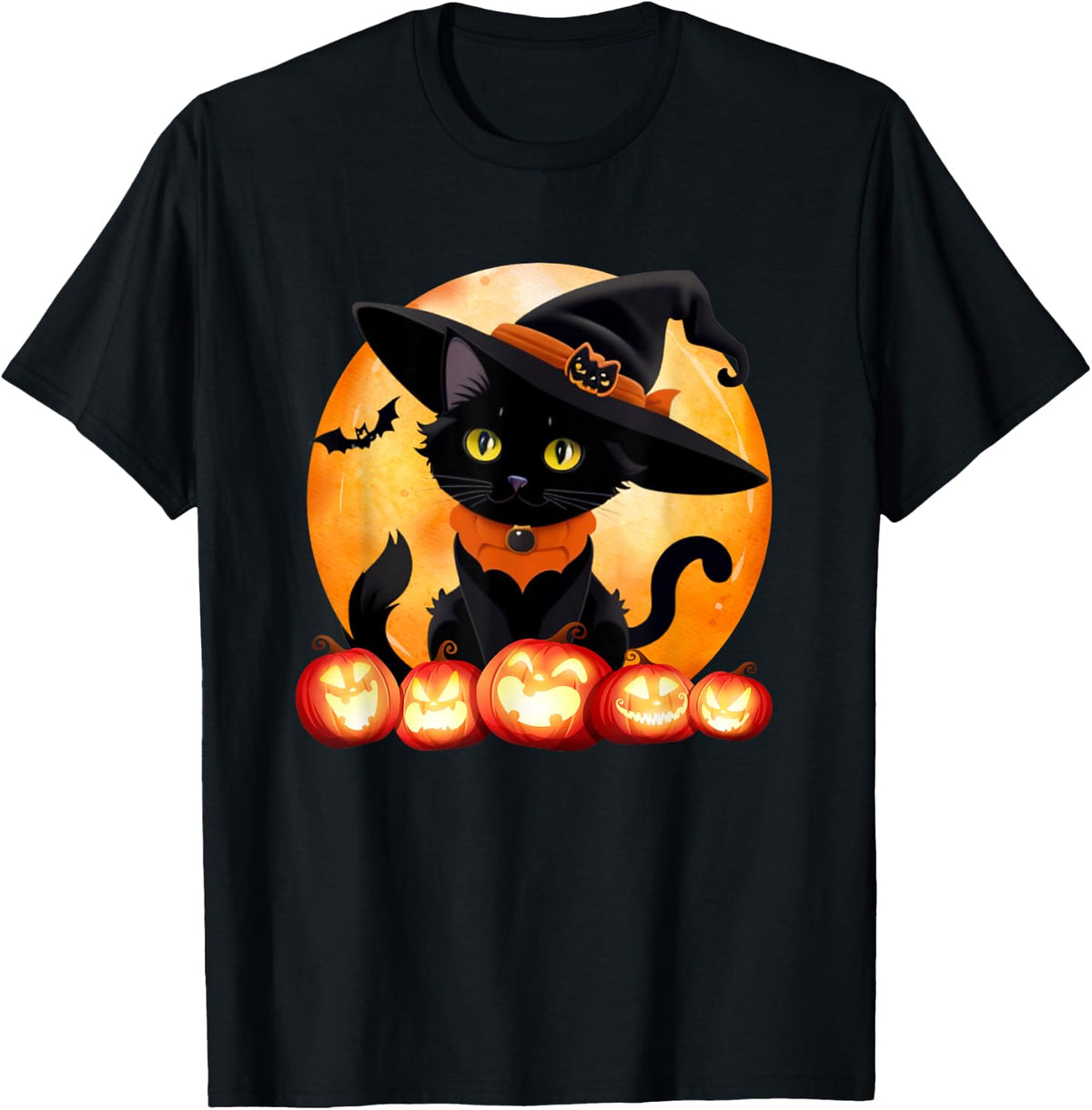 Retro Black Cat Halloween Pumpkin Costume Women Men Kids T-Shirt