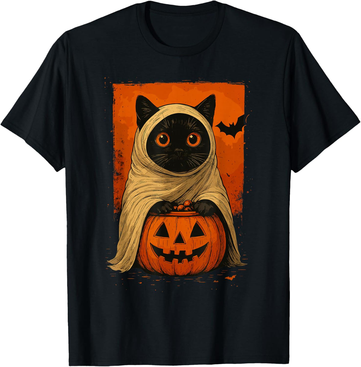 Funny Vintage Black Cat Halloween Pumpkin Spooky Ghost Women T-Shirt