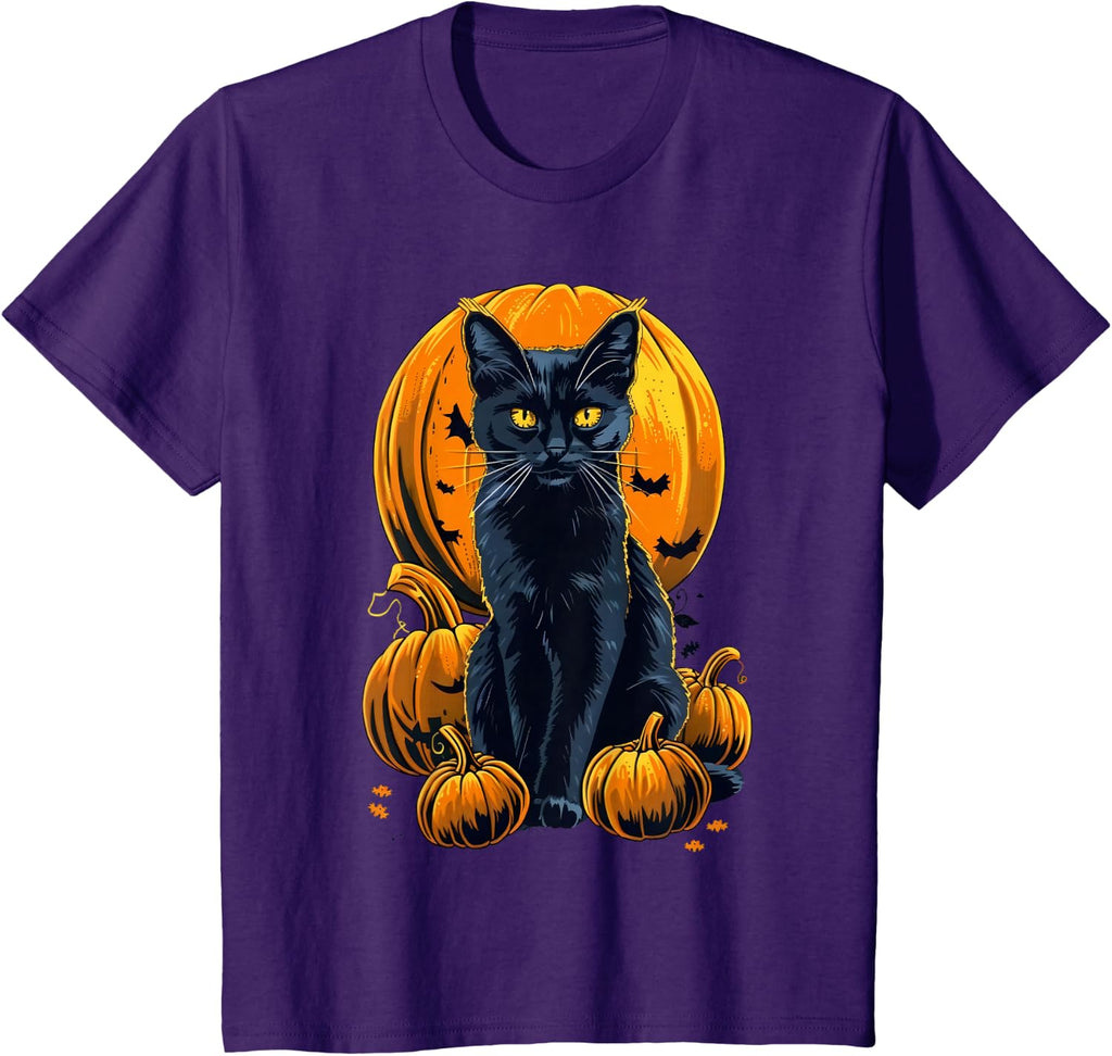 Retro Black Cat Halloween Pumpkin Costume For Women Men Kids T-Shirt
